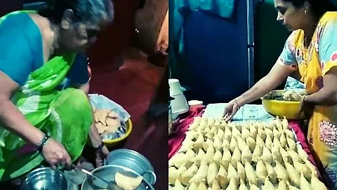 चतुर्थीसाठी नेवऱ्या करण्यासाठी मग्न असलेल्या महिला.