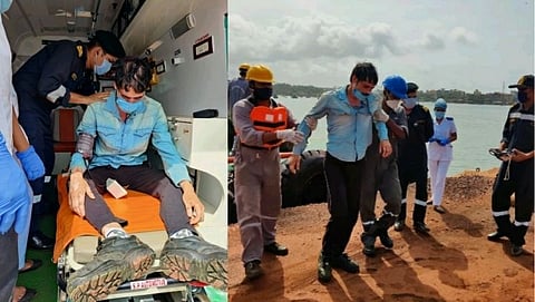 मालवाहू जहाजावरील खलाशाला घेवून जातांना भारतीय तटरक्षक जवान