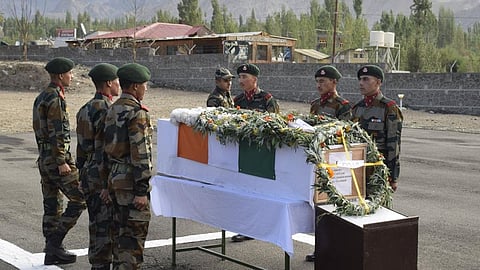 Mortal Remains of LNk Chander Shekhar who lost his life during deployment in Operation Meghdoot in 1984 arrived in Leh