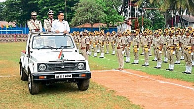Chief Minister Dr. while accepting salute from firemen. Pramod Sawant. Along with Director of Fire Brigade Nitin Raikar