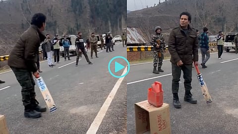 Sachin Tendulkar playing cricket on street in Kashmir