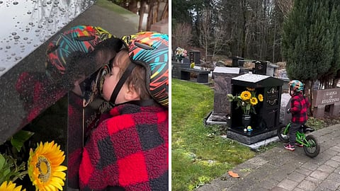 A two-year-old baby kisses his mother's grave and says hi mom... Watch the emotional video