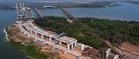 Work on a new bridge over the Zuari River is in full swing