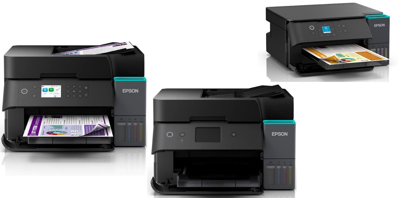Epson EcoTank L6370 (left), L6390 (centre) and L6360 (right top) Printers.