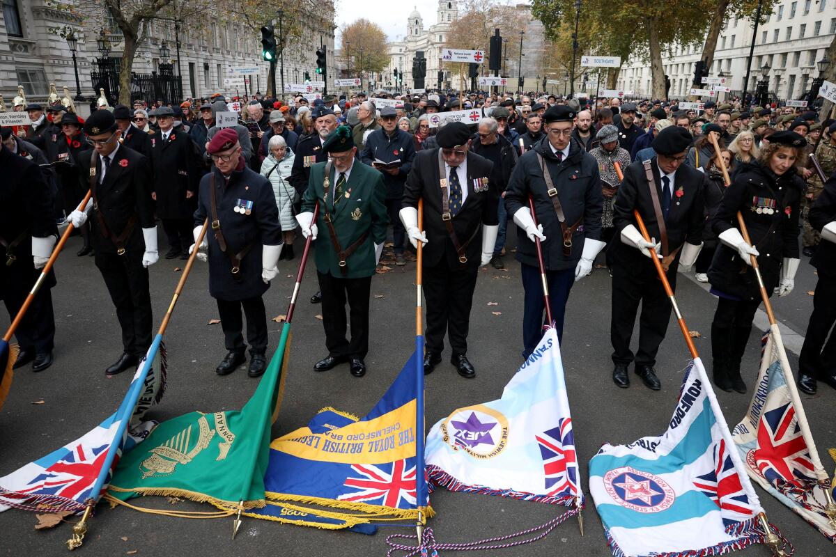 Current and former serving military personnel, family members and other dignitaries take part in a Remembrance ceremony and parade organised by AJEX, The Jewish Military Association, to remember and honour thousands of Jewish service men and women who served in Britain’s armed forces, at the Cenotaph in London, Britain.