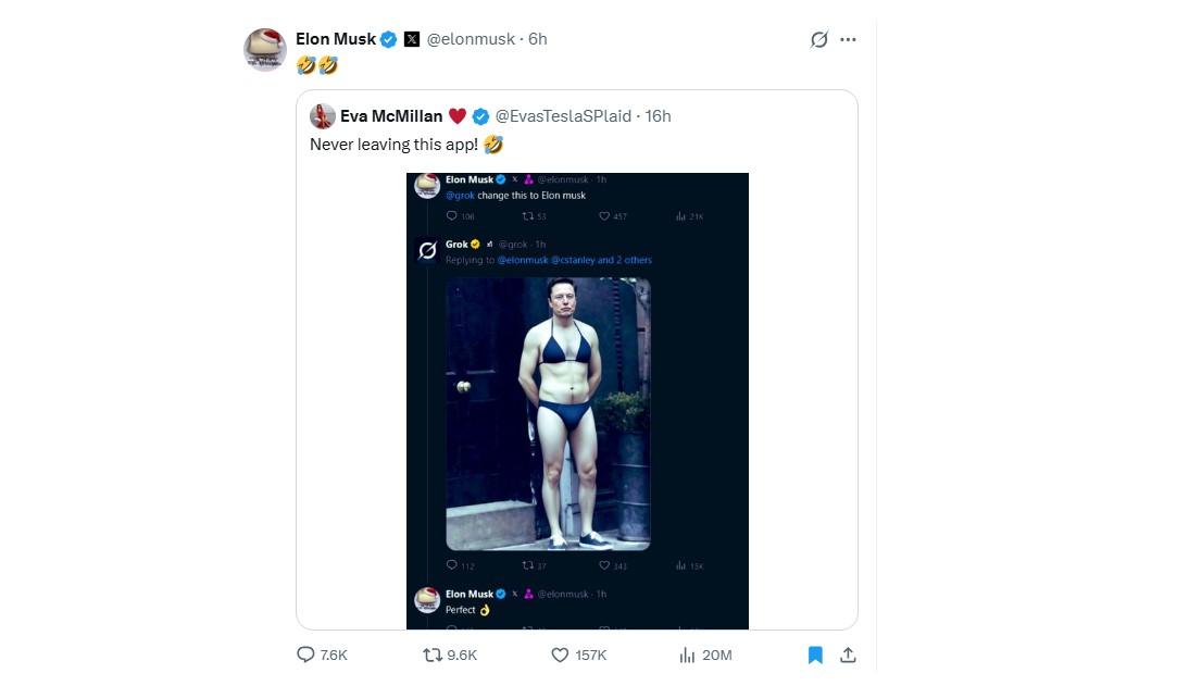 Elon Musk reacted to his own 'edited' photo wearing a bikini dress.