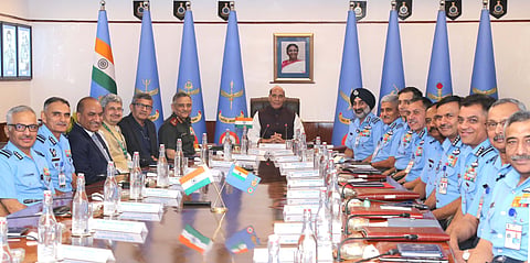Defence minister Rajnath Singh addressing IAF Commanders' Conference