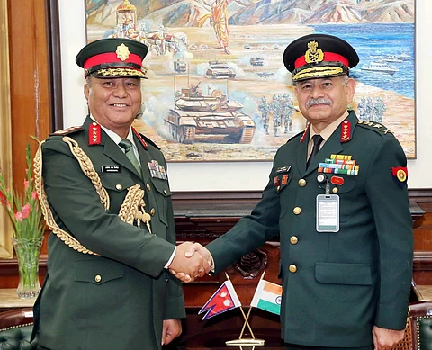 Chief of the Army Staff (COAS) of the Nepali Army General Ashok Raj Sigdel meeting Gen Upendra Dwivedi in New Delhi