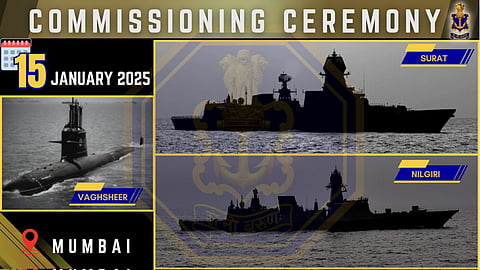 Indian Navy to commission three frontline fleet assets Nilgiri, Surat & Vaghsheer on Jan 15