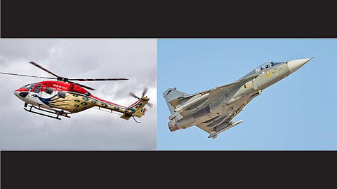 Alt="Tejas MK1 and Dhruv Helicopters"