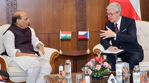 Alt="Defence Minister Rajnath Singh with Karel Havlicek, First Deputy PM and Minister of Industry and Trade of Czech Republic"