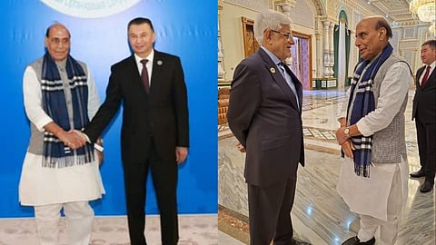 Alt="Defence Minister Rajnath Singh meets Qahir Rosulzoda, PM of Tajikistan and Iran's first vice president Mohammad Reza Aref"
