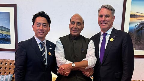 Alt="Defence Minister Rajnath Singh with Australian Defence Minister Richard Marles (Right) and Japanese Defence Minister Shinjiro Koizumi"