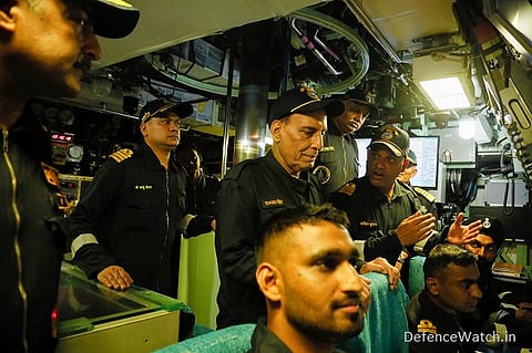 Defence Minister Rajnath Singh undertakes sea sortie on stealth submarine ‘INS Khanderi’ at Karwar (Photo: MoD)