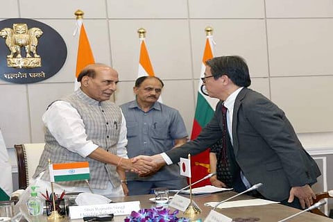 Japan Vice Minister of Defense for International Affairs Oka Masami calling on Defence Minister Rajnath Singh in New Delhi