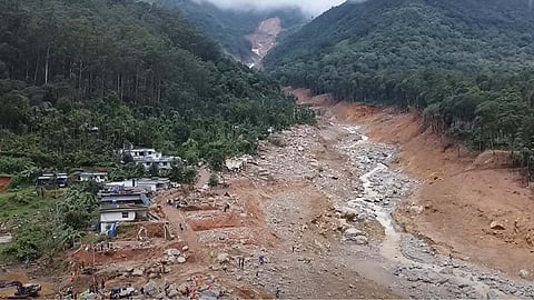 The drone visual of the landslide origin near Punjirimattom. Image: TamilRoman/wikipedia.org