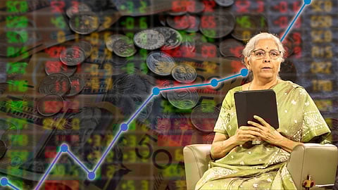 finance minister nirmala sitharaman and stock market background