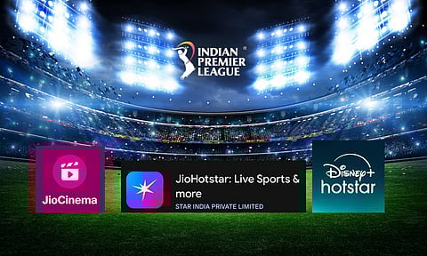 a cricket stadium , ipl , jio cinema, dinsey hotstar , jio hot star logos
