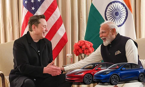 tesla ceo Elon Musk and Prime minister Narendra Modi with Tesla model cars