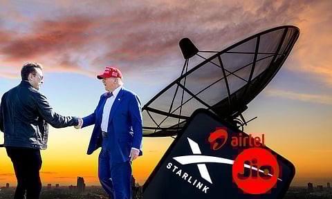 Elon musk Donald Trump and logos of airtel , jio , starlink, internet dish antena