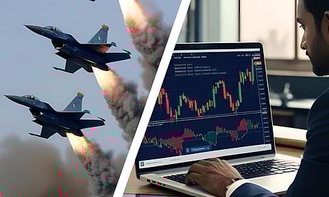 indian jets stock market charts investor looking into a laptop