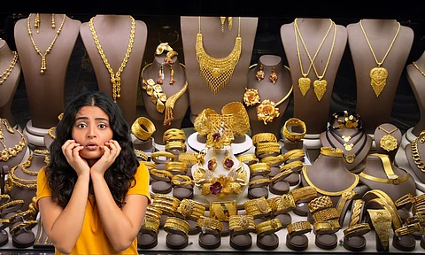 gold ornaments and women in shock