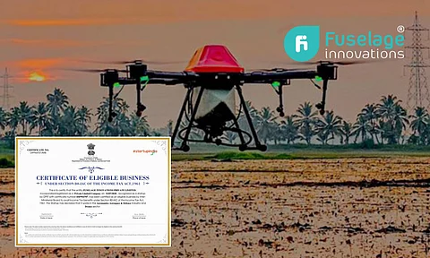 A drone hovering around a farm, a certificate, Fuselage logo