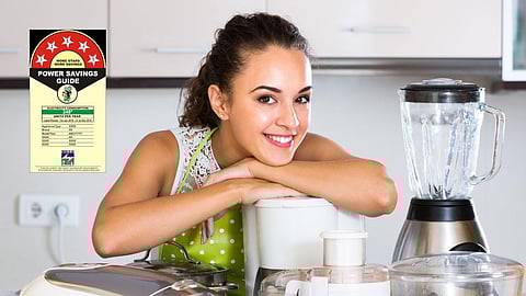 a smiling women sitting with home appliances , bee star rating logo
