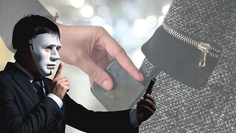 someone stealing from a person, another one with mask asking someone ti keep quiet in sign language