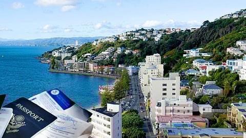 Scenic coastal view of Wellington, New Zealand, with residential houses on green hills, a winding seaside road, and passports in the foreground symbolising travel and immigration