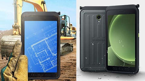 Samsung rugged tablet showcased in outdoor construction site with blueprint display, highlighting durability and water resistance features
