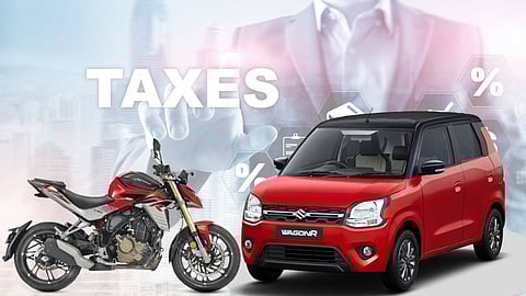 A red sports bike and a red Maruti Suzuki WagonR car displayed with the word ‘Taxes’ in the background, symbolizing vehicle tax and GST on automobiles in India