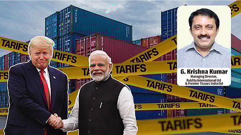 Donald Trump and Narendra Modi shaking hands in front of shipping containers marked with tariffs, alongside an inset of G. Krishna Kumar, Managing Director of Rubfila International Ltd and Premier Tissues India Ltd