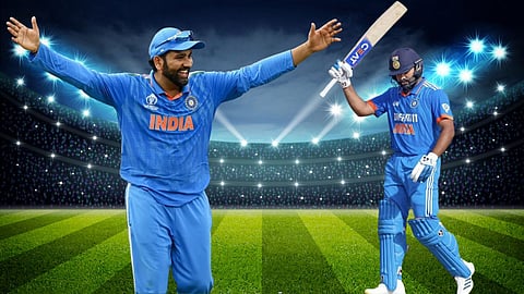 Indian cricket captain Rohit Sharma celebrating on the field with open arms, alongside another image of him raising his bat after a performance under stadium lights.