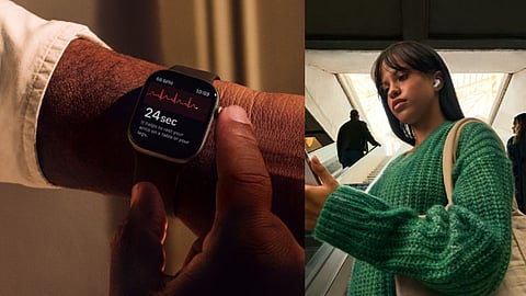 A close-up of a person checking their Apple Watch, which displays an ECG reading with 24 seconds remaining. Next to it, a young woman in a green sweater, wearing AirPods, looks at her iPhone while riding an escalator in a modern building with bright natural light above