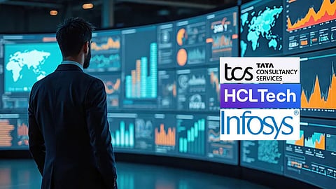 Business professional observing multiple digital dashboards displaying global data and analytics, with logos of TCS, HCLTech, and Infosys representing major Indian IT companies