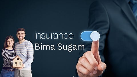 A man in a suit toggling a digital switch labelled ‘insurance Bima Sugam’, with a smiling young couple holding a wooden house model, symbolising easy access to insurance policies through the Bima Sugam portal