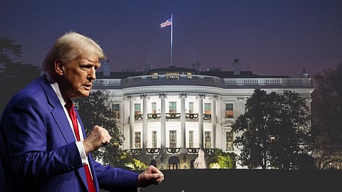 A composite image of Donald Trump in a fighting stance, positioned in front of the illuminated White House at dusk, with the US flag flying above the building