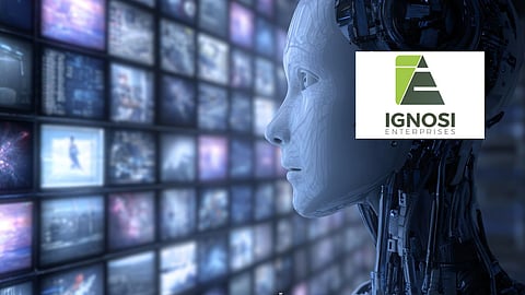 A futuristic humanoid robot observes a wall of glowing digital screens filled with images and data, symbolising artificial intelligence and technology. The logo of Ignosi Enterprises is placed on the right side of the image.
