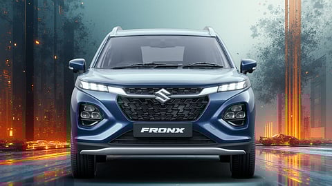 Front view of a blue Maruti Suzuki Fronx SUV with LED headlights, parked on a modern city street with orange and blue lighting effects in the background