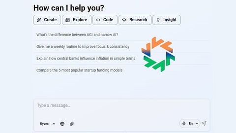 Screenshot of an AI assistant interface with the prompt ‘How can I help you?’ showing options like Create, Explore, Code, Research, and Insight. The screen lists user queries about AI, productivity, economics, and startups, with a colourful geometric logo on the right side