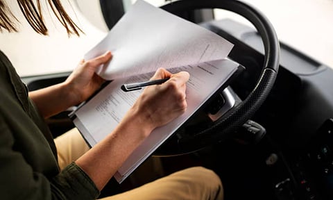 side view professional female driver truck