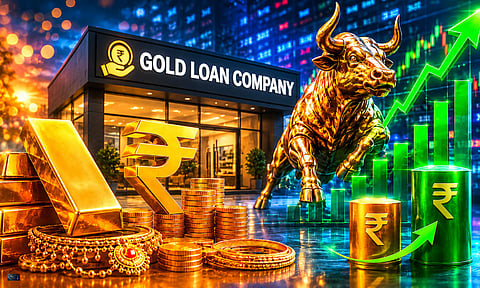 A vibrant financial-themed illustration showing a modern gold loan company office surrounded by gold bars, jewellery, rupee symbols, stacked coins, and a glowing golden bull statue.