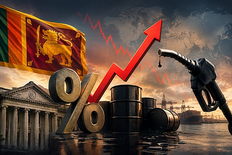 A dramatic economic illustration showing Sri Lanka’s flag beside a central bank building, oil barrels, and a fuel nozzle against a dark global market backdrop.