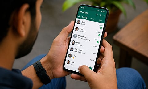 A close-up image of a person holding and using a smartphone with the WhatsApp chat screen open.
