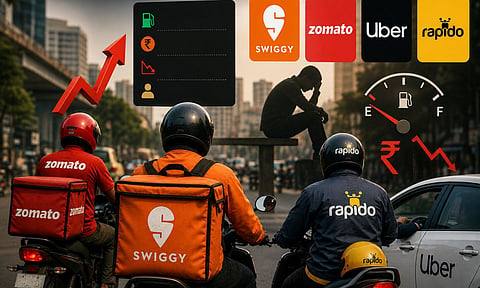 A realistic urban traffic scene showing Swiggy, Zomato, Rapido, and Uber riders waiting on a busy city road during evening hours.
