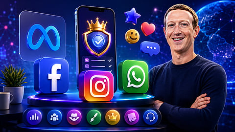 A futuristic promotional visual featuring Meta CEO Mark Zuckerberg standing beside glowing 3D icons of Facebook, Instagram, WhatsApp and the Meta logo, set against a neon blue digital background with premium subscription-style elements and a modern tech atmosphere.
