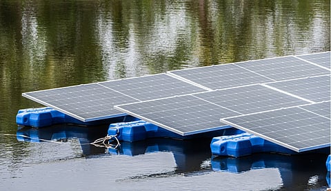 Floating Solar Panel. Solar photovoltaic panel PV System in Industry lake water pond.