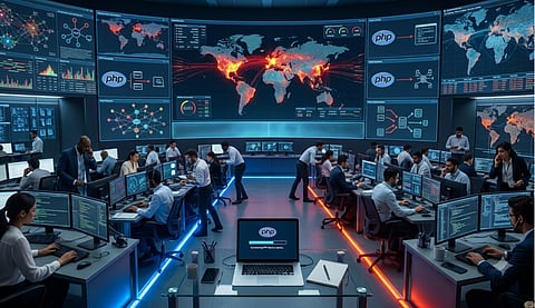 A high-tech cybersecurity command center with developers and analysts monitoring global network maps and server screens during a major PHP security vulnerability threat
