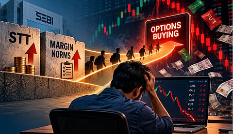 A stressed retail trader watching falling stock market charts on a laptop, illustrating the risks of options buying amid higher STT and stricter margin rules, as highlighted by Zerodha co-founder Nithin Kamath.